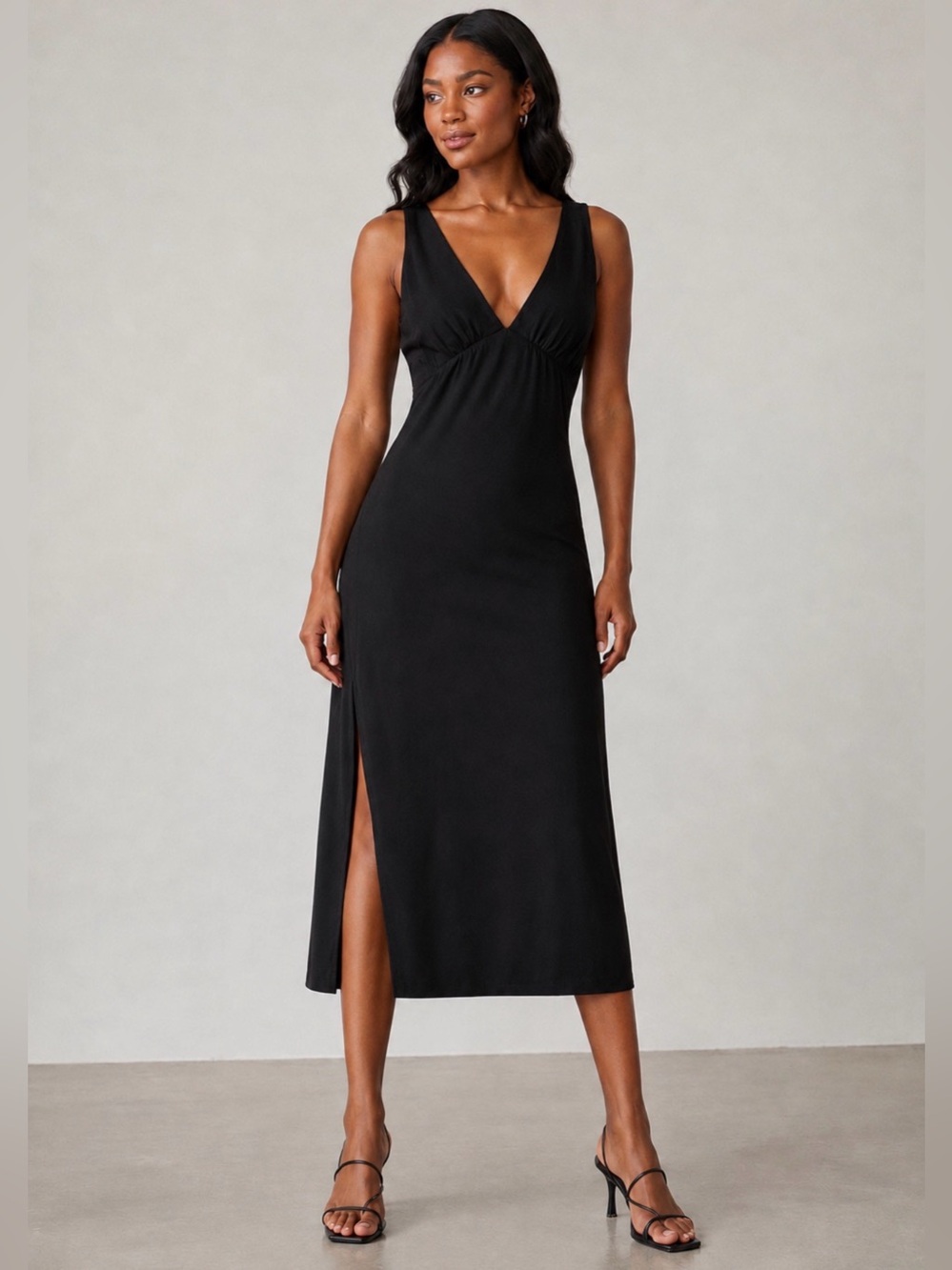 Old Navy Black V-Neck Sleeveless Midi Dress with Side Slit - Size Large